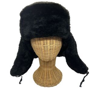 Hunting Hat Trapper Russian Ushanka Aviator Size 7 Faux Fur Vintage Black